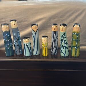 Hand-Painted Wooden Figurines Vase set. All 8 included